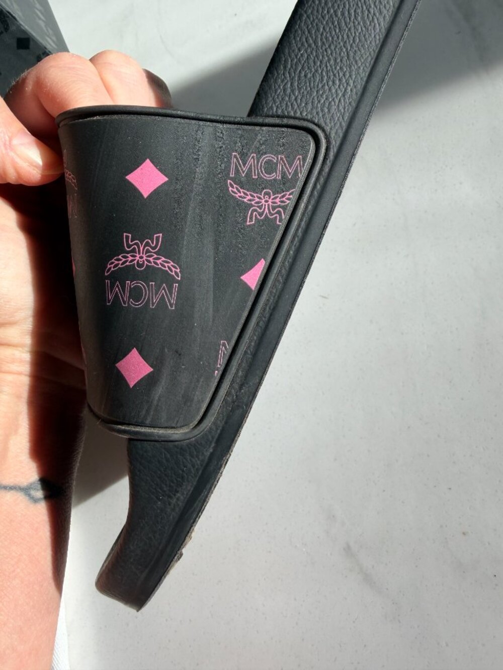 MCM Black Pink Monogram Print Rubber Slides Sandals Great Used Condition w/ Box - Picture 5 of 12